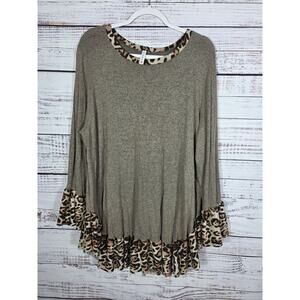 P & Rose Women's Tunic Top Leopard Trim Long Sleeve Brown Soft Knit Boutique 2X